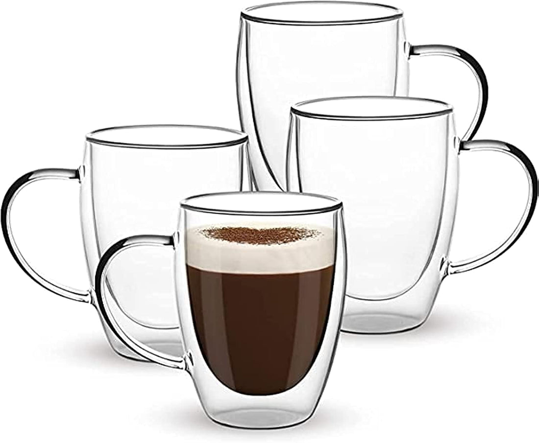 Arabest Double Walled Glass Coffee Mugs with Handle, Large Insulated Layer Coffee Cups, Clear Borosilicate Mugs, Perfect for Espresso, Cappuccino, Tea, Latte, Wine (12OZ/350ML, 4-piece set)