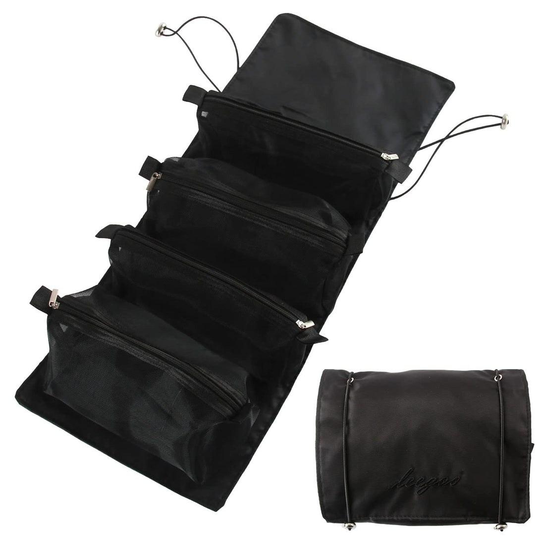 Acecharming Hanging Roll-Up Makeup Bag,4-in-1 Foldable Toiletry Bag for Travel, Removable Storage Bags, Travel Cosmetic Organizer Bag for Women/Men (Black)