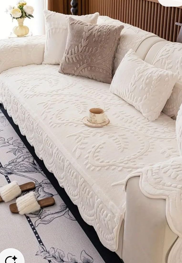 Luxury Velvet Sofa Cover Set, 11-Piece, Rose Jacquard Pattern, 195x90cm and 150x90cm with Decorative Pillows, Taupe .sr (off white)