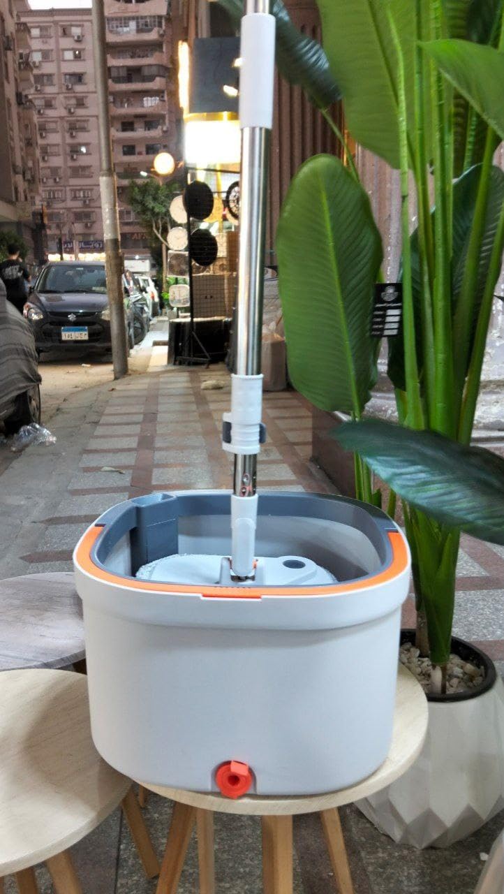 Generic Automatic Spin Mop Bucket System with Self-Wringing Design, White and Orange.