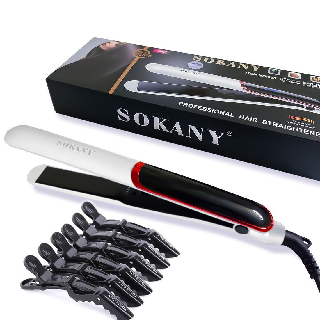 Hair Straightener SOKANY 955 – Ceramic Plates, Ionic, Adjustable Temp, Fast Heat-Up, Safety Lock – White + 6 Hair Clips