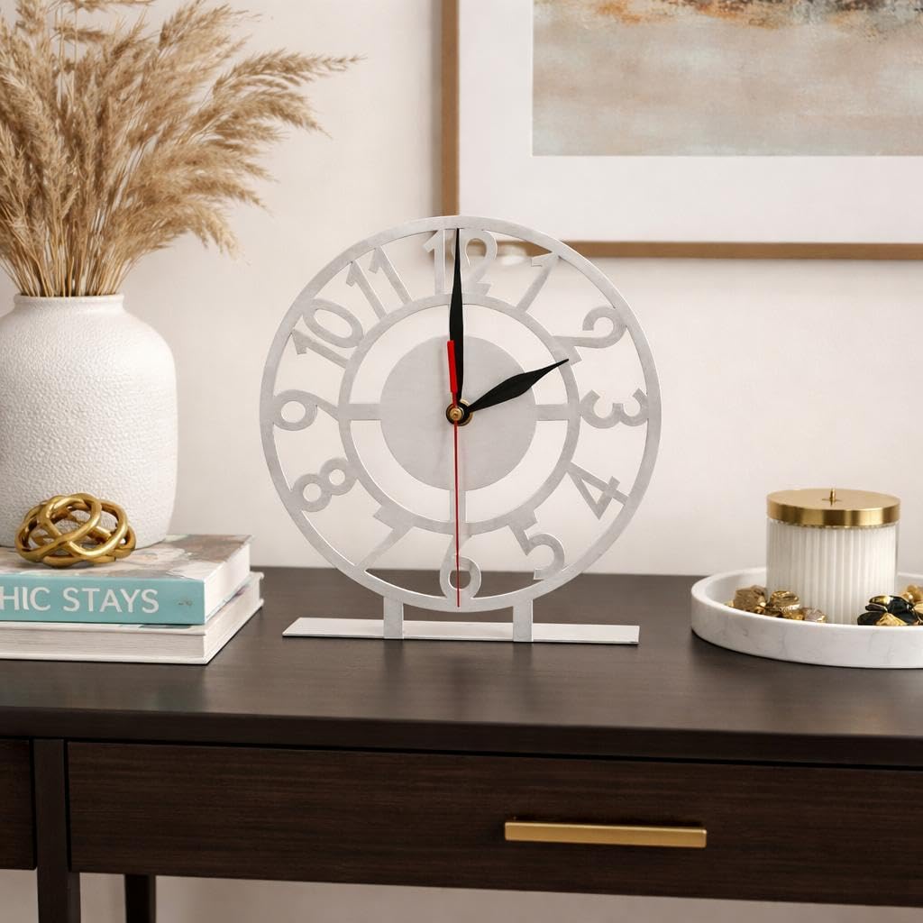 Metal Desk Clock, White, Vintage Design, Large Numbers, Black and Red Hands, Standing Base