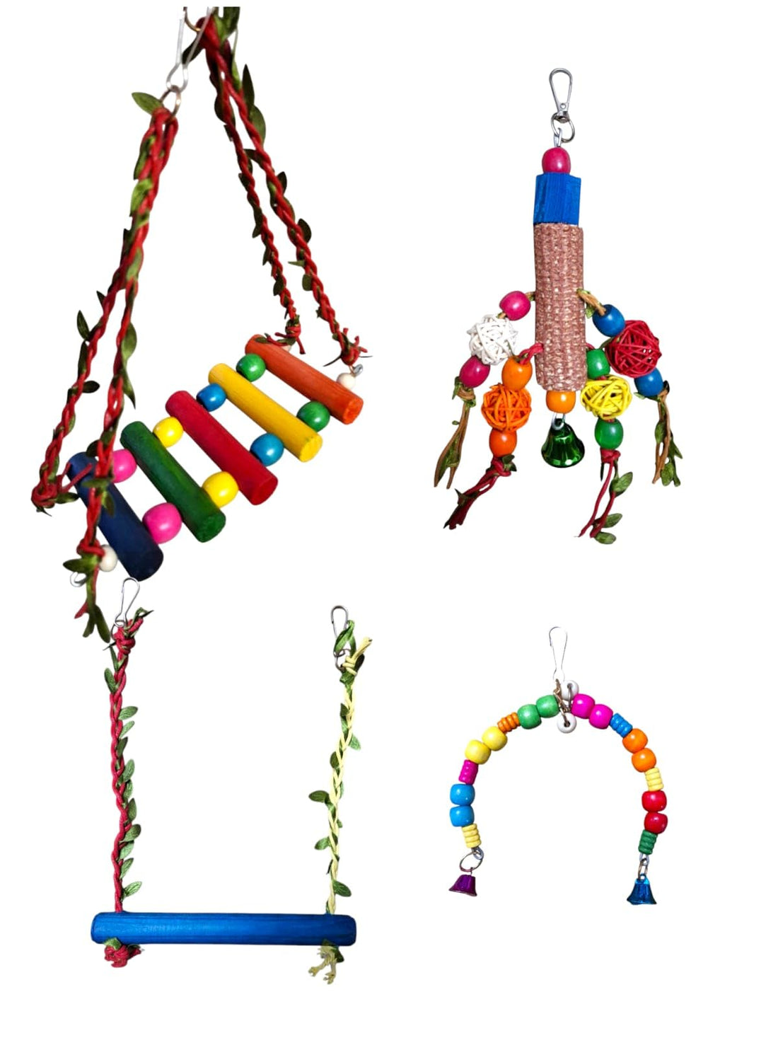 .4pcs Bird Toy Set: Swing, ladder & natural wood toys for Cockatiels, Lovebird,Budgie, Conure مجموعة 4 قطع ألعاب طيور: أرجوحة وسلم خشب طبيعي للكوكتيل وطبور الحب والكونيور