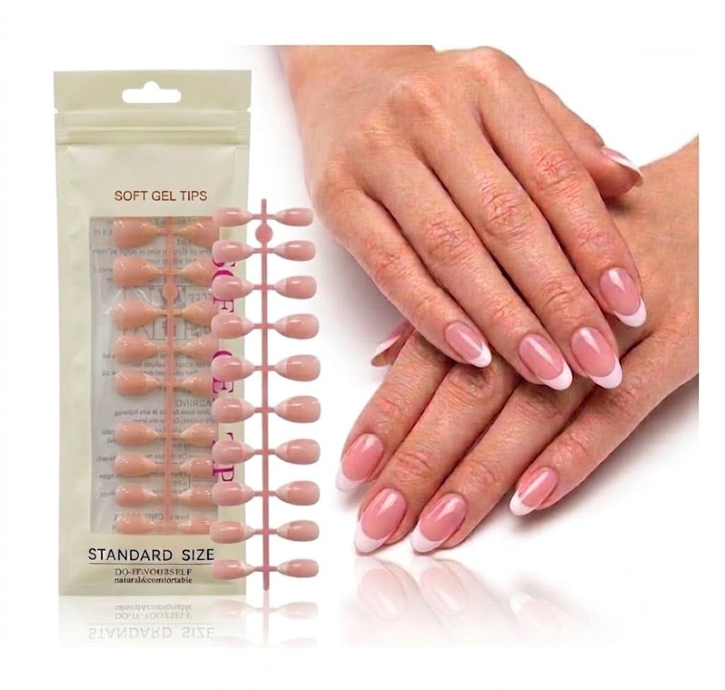 24pcs M Size Finished Design With UV Gel Press On Nails Coffin OVAL Shiny False Nails Full Cover Artificial Fake Nail Art Tips- Comes With 1 SHEET DOUBLE FACE (1A)