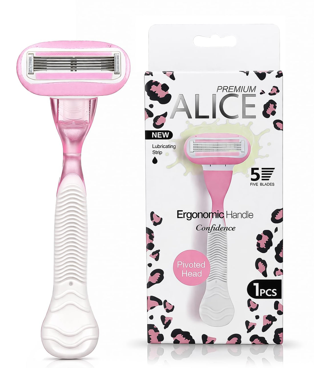 Alice Premium Razor For Women - 5 Blade Smooth Shaver With Lubricating Strip, Flexible Pivot Head For Sensitive Skin, Perfect For Body, Bikini Line & Underarm, Pink & White, 1 Piece