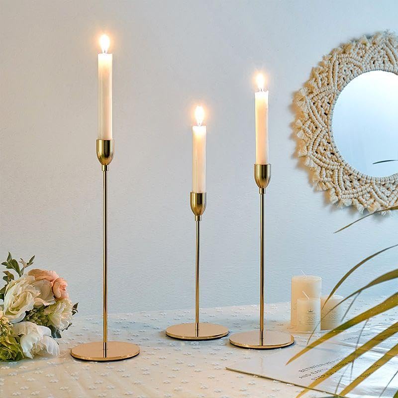 3 Piece Candle Holders Set - Modern metal set of 3 pieces perfect for table arrangements and home ambiance with a modern touch to home decor Candle Holders Set (جولد)
