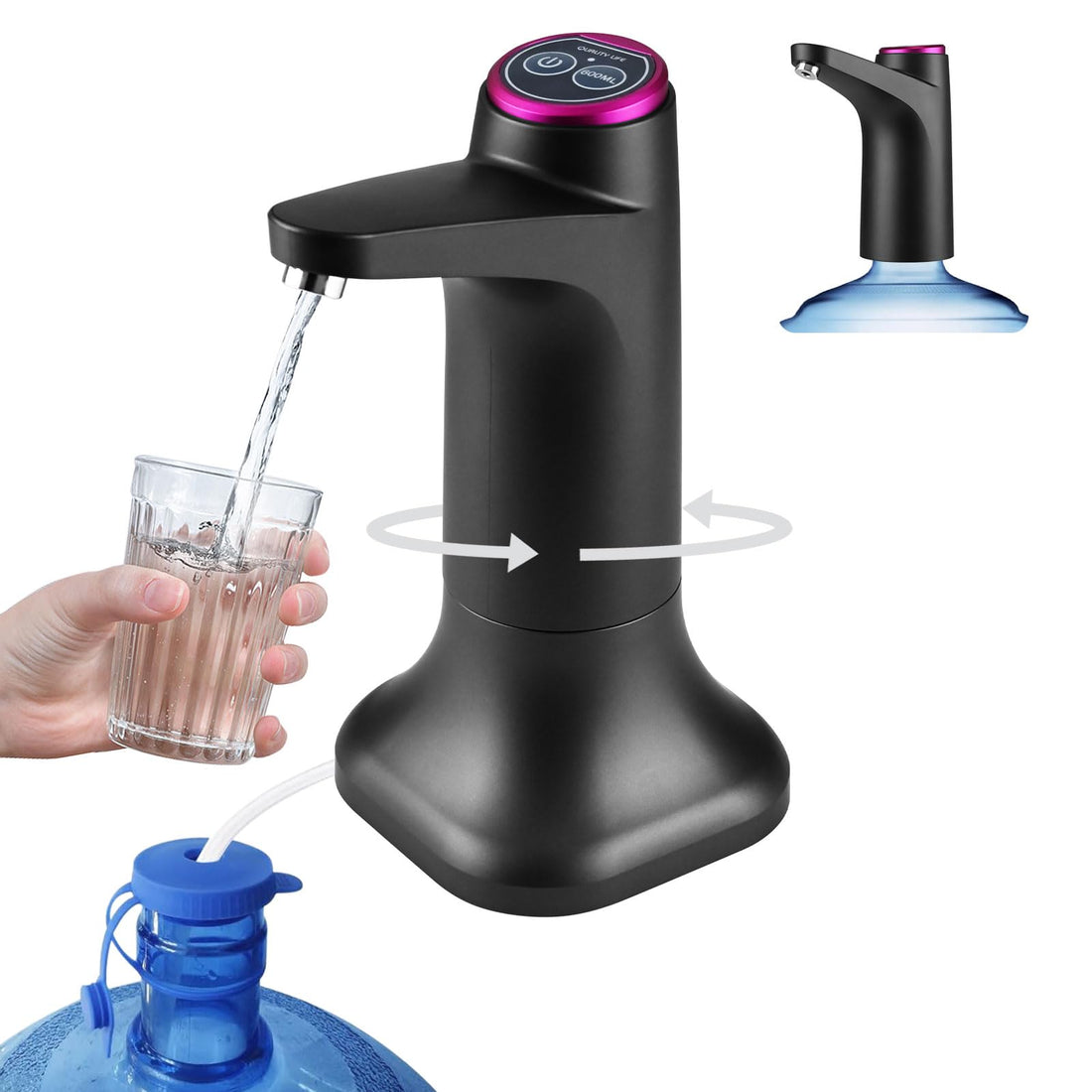 Water Pump for 5 Gallon Jug, Electric Water Dispenser Drinking Portable Water Bottle Pump with Mobile Base, USB Rechargeable, 600ml Quantitative, Automatic Off Switch for Home, Camping, Travel