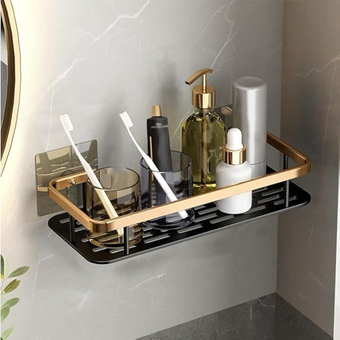 Punch-Free Bathroom Rack Rack Shampoo Shower Storage Rack Kitchen Rack Toilet Kitchen Storage Rack Bathroom Accessories Set (Golden Standard)