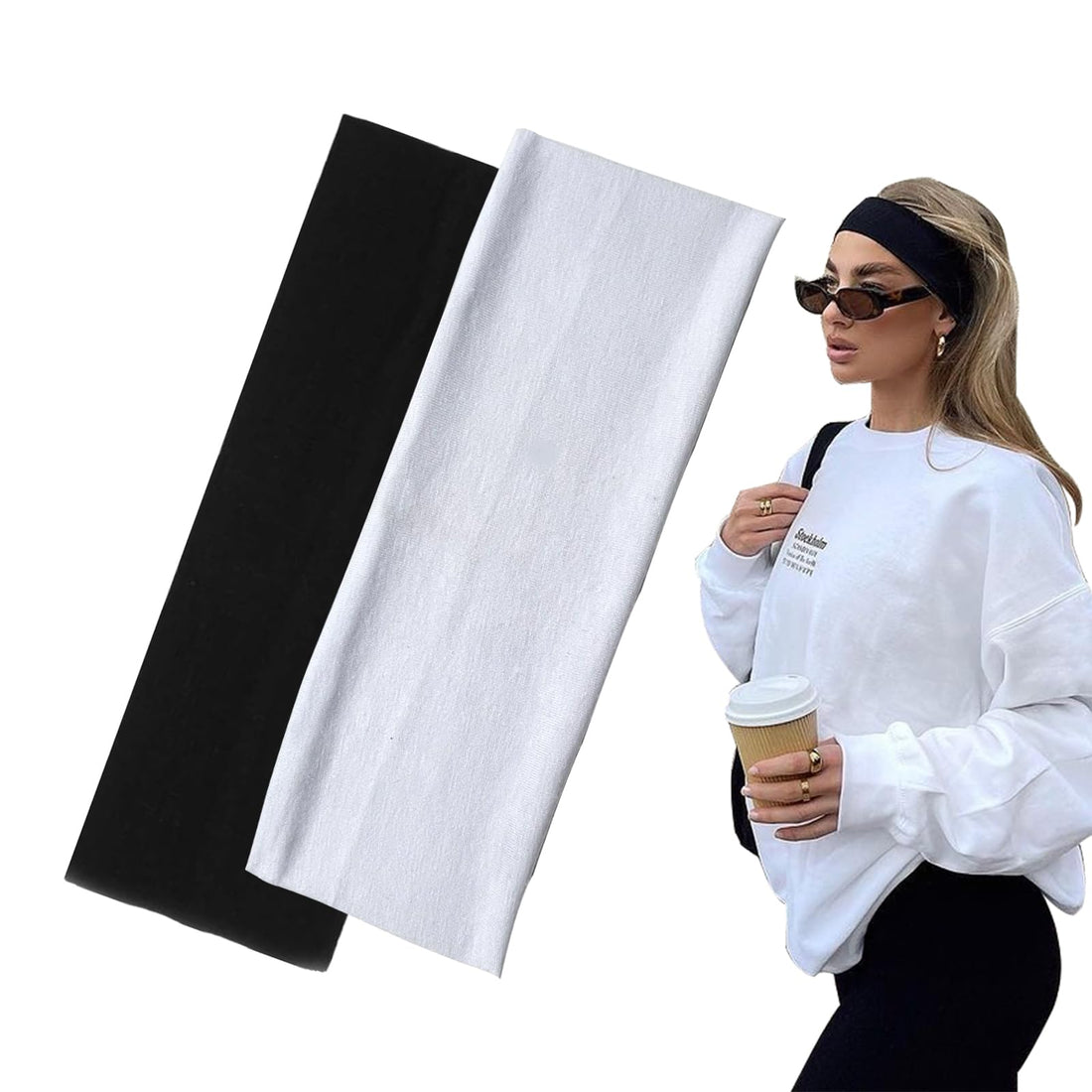 7cm Wide Black Headbands for Women Men, Yedtreg 2pack Fashion Head Bands for Women's Hair, Soft Fabric Stretchy Hair Bands for Makeup, Yoga, Running, Sports