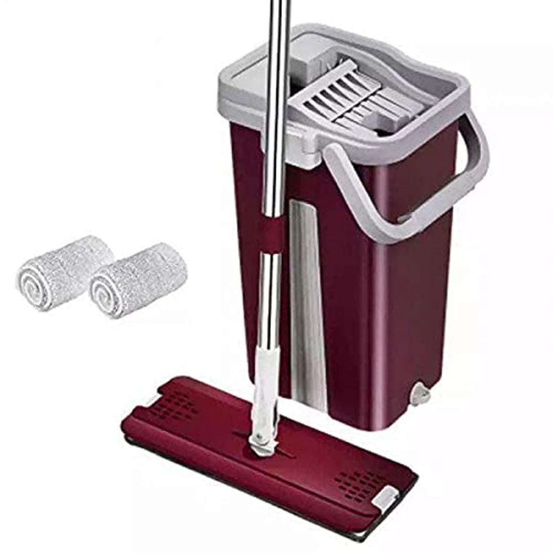 Spaceshoop Fresh 2-eye cleaning bucket set with two spare microfiber heads provides a dual-action system for superior floor mopping and drying Dark Red