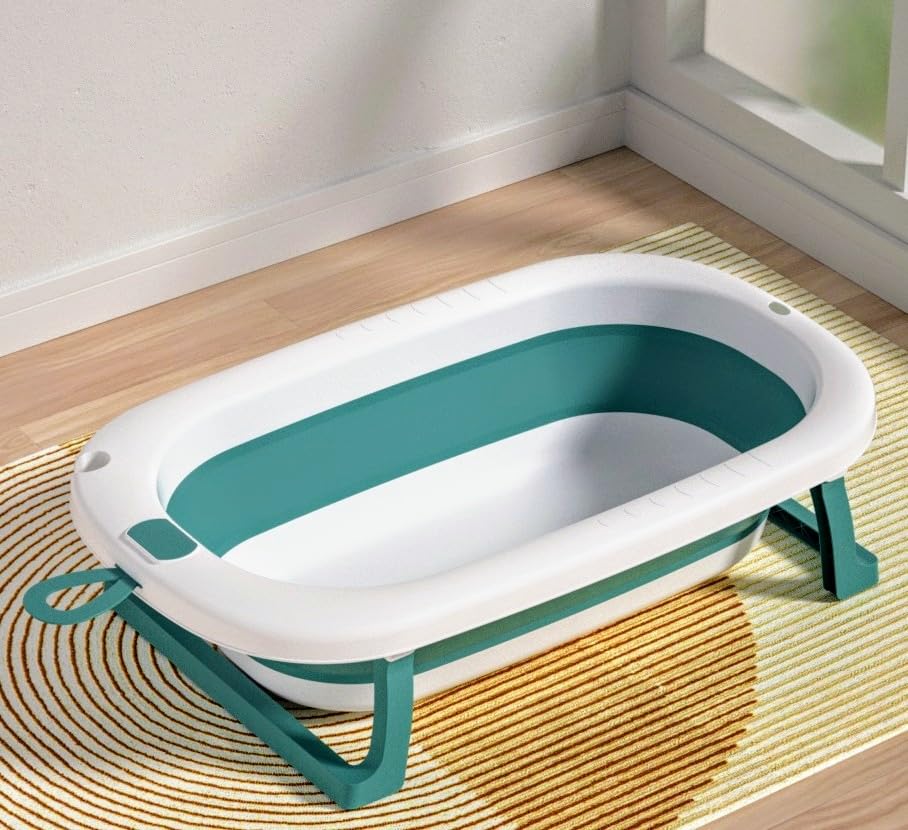 Baby Bath Tub Chair | Adjustable Height | Foldable | Anti Slip Suction Base | Drain Outlet for Easy Clean | 4Months -3Yrs | Baby Mini Swimming Pool | New Born Toddlers Unisex (Green)