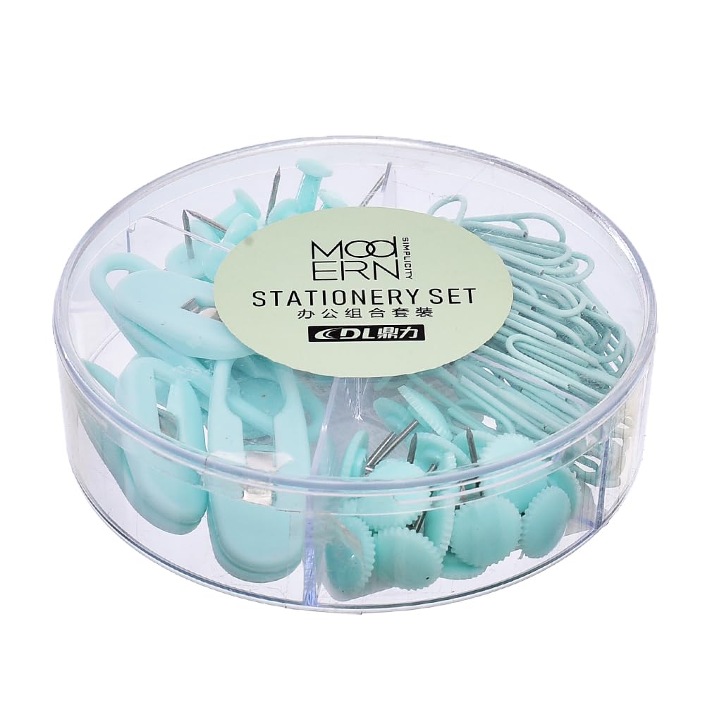 Dingli DL2275 Stationery Set of 94 Pieces (4 Plastic Clips, 20 I-Pins, 20 Toothed Pins, and 50 Paper Clips 33mm) for Office - Mint Green