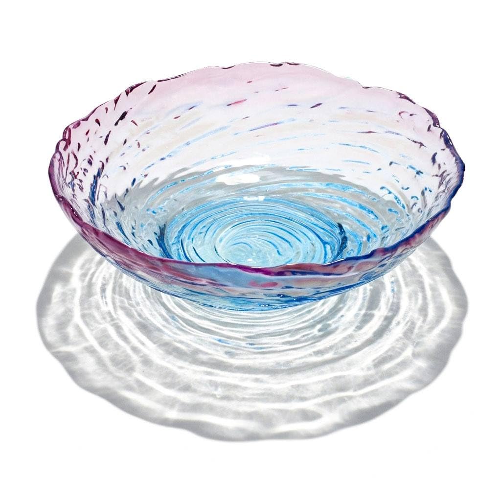Imported Glass Serving Bowl, Blue and Pink Swirl Design, Smooth Interior with Wavy Pebbled Exterior, .sew