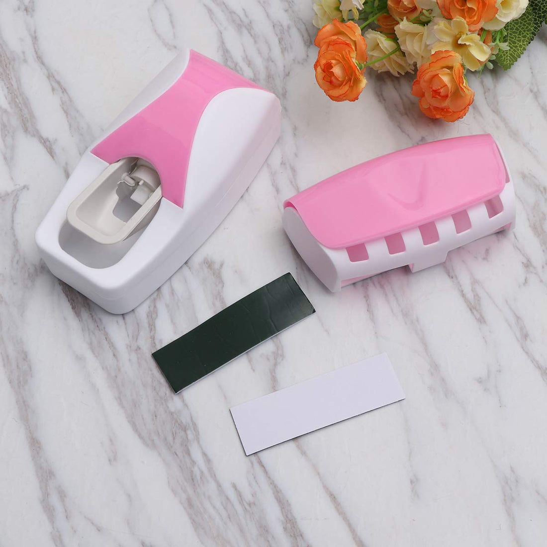 Plastic Automatic Hands-Free Wall Mounted Toothpaste Dispenser and 5 Hole Dust-Proof Wall Mounted Toothbrush Holder with Cover Storage Stand for Home Bathroom Accessories Set (Multicolour)