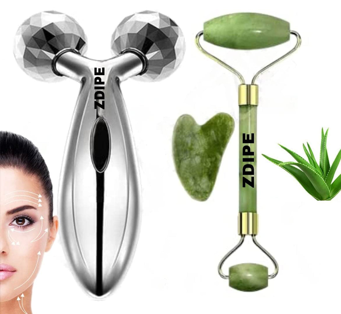 3D Manual Roller Face Body Massager 360 Rotate With Anti Aging 100% Natural Jade Roller and Gua Sha Stone set Facial Skin care 3 in 1 Massage Tool Kit for Facial and Body