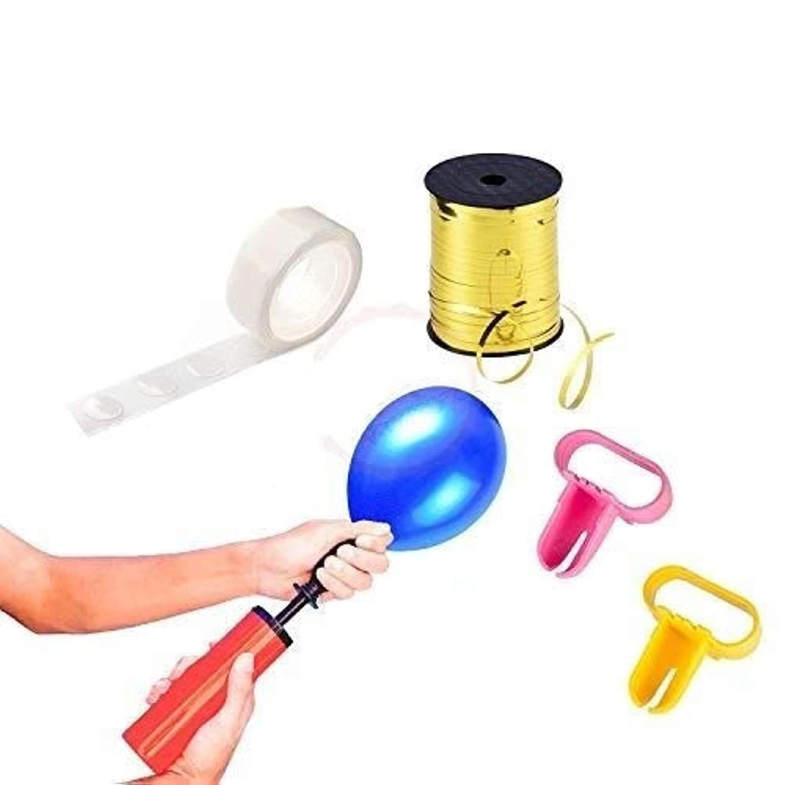 Party Propz Hand Balloon Pump Combo with Glue Dot, Golden Ribbon And Tie Tools For Birthday / Kids Birthday / Anniversary / Bridal Shower / Baby Shower Decoration