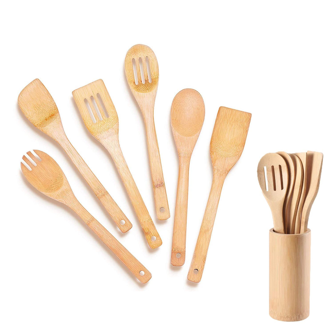 Arabest Wooden Spoons for Cooking, 6-piece Bamboo Kitchen Utensil Set Wood Spatula Spoon Cooking Non-stick Pan Kitchen Tool Wooden Cooking Utensils Storage Wooden Barrel