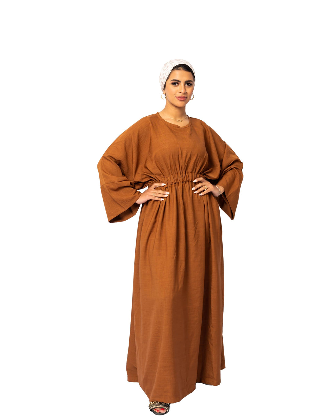 Pinky Camel Brown maxi long sleeves linen dresss for women