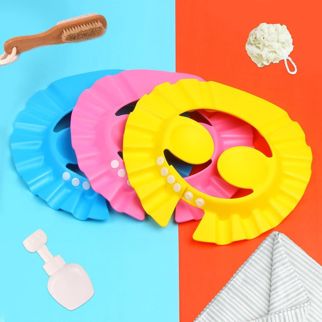 Set of 3 Baby Shower Caps with Adjustable Straps, Shampoo Caps for Washing Hair and Accessories for Bathing Toddlers, Now Exclusive at Al Israa (Blue)