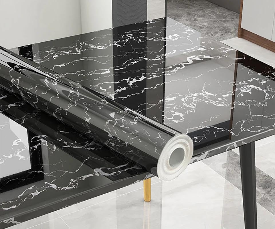 Marble Effect Self Adhesive Wallpaper (2m * 60cm) Vinyl Strong and Waterproof - New Look for Kitchen, Bathroom Surfaces, Tables and Furniture, Now Exclusive in Al-Isra (Black & Grey)