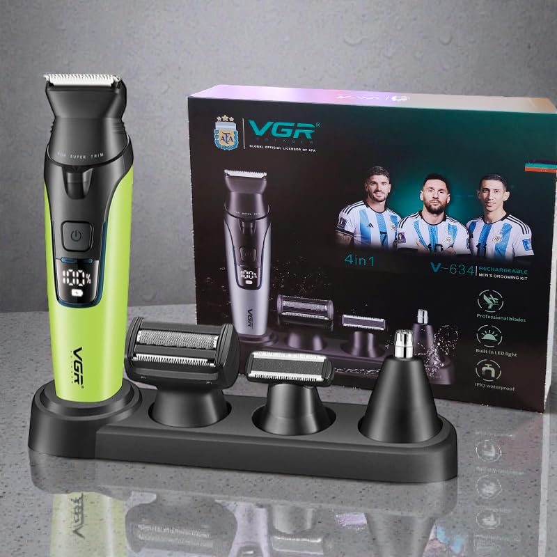 VGR V-634 4-in-1 Rechargeable Men's Grooming Kit, Waterproof Hair and Body Trimmer with LED Display, 4 Interchangeable Heads, 9 Guide Combs, USB Charging (Green)