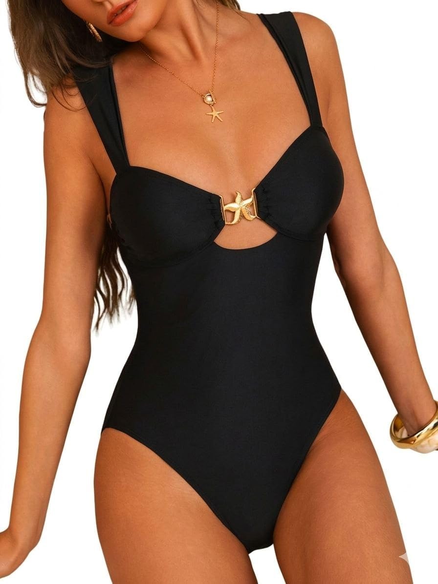SHEIN-1pc Women's One-Piece Swimsuit With Starfish Decor, Thick Strap, Chest Hollow-Out Design, Square Neck, Casual Comfortable Beachwear, Black For Summer Beach Vacation