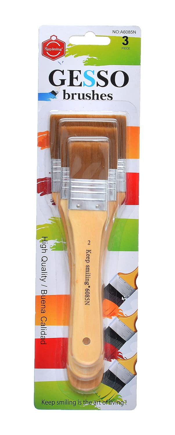 Keep Smiling Gesso Brushes Set of 3 Different Shapes with Ergonomic Professional Wood Handles for DIY Crafting & Painting - Brown