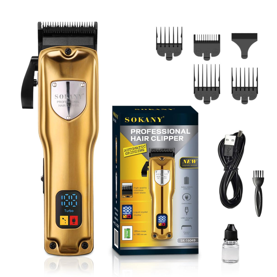 Hair Clipper & Trimmer, Stainless Steel Blades, 4 Combs, LCD Display, 180-Min Runtime, Precision Grooming Kit, 8W Motor, SK-16049
