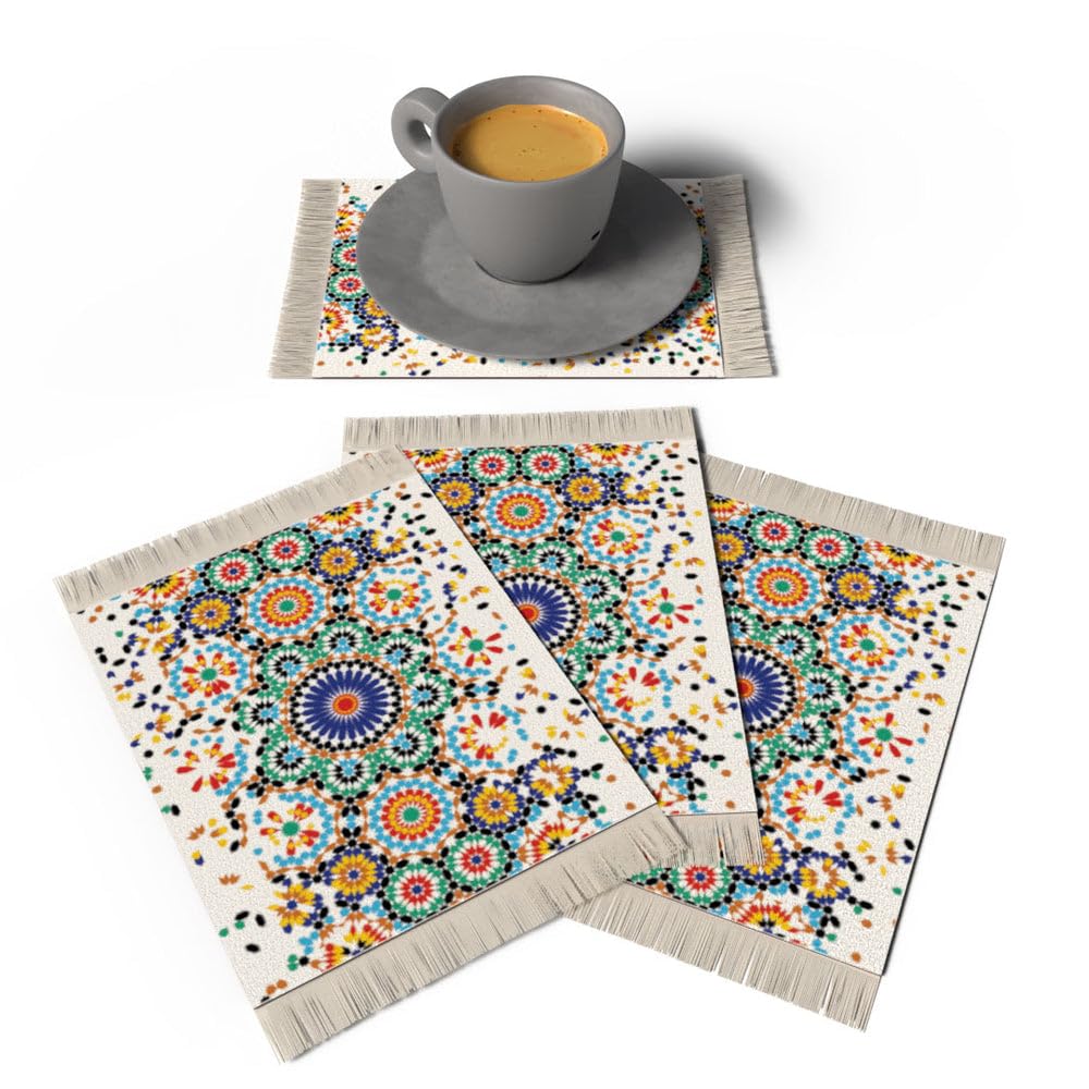 ARTMOOD HOME Bahja Rug Coaster Set – Set of 4 Mini Carpet Coasters with Velvet Surface & Leather Backing, Non-Slip, 14x9 cm, Elegant Table Protection & Gift Idea