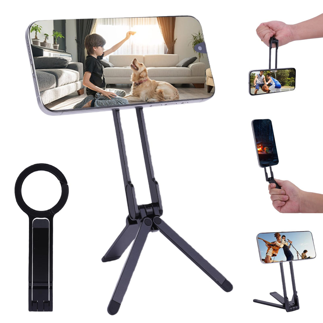 Magnetic Mobile Phone Tripod Aluminium, Portable Mini Smartphone Tripods in Pocket Size, Carabiner Shaped Maglock Quick Holder, Foldable Stand Tripod for iPhone 16/15/14/13/12, Magsafe, Black