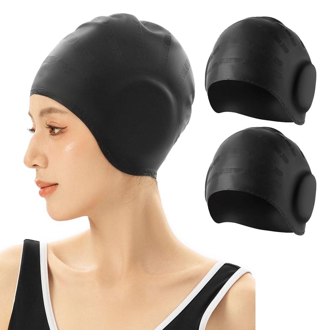 2Pcs Swim Caps Cover Ears, Flexible Silicone Swimmer Caps for Long Hair Swimming, 3D Ergonomic Fit for Man & Women, Black
