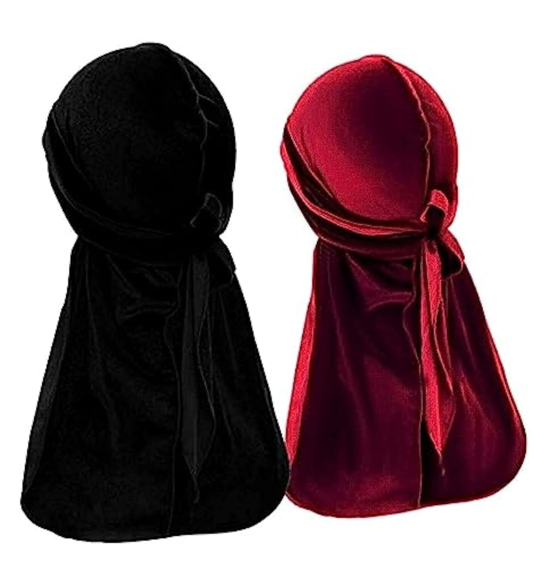 Velvet Durags for Men, 2 Pack Designer Long Tail Beanies Doo Rags Caps, Soft Wide Straps Do Rags Cap for Waves (BLACK and RED WINE)