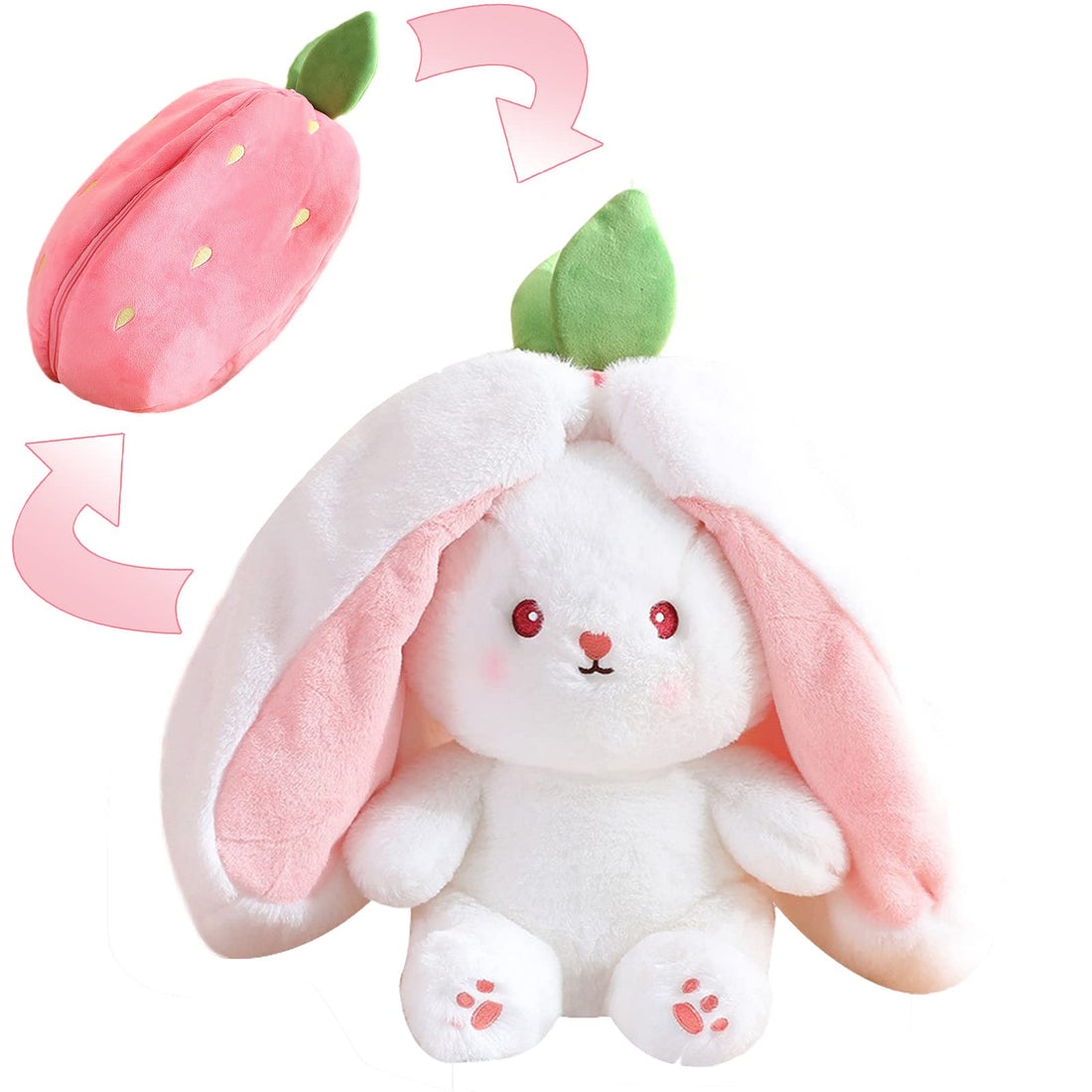 Plush Toy Pillow, Reversible Carrot Strawberry Bunny Plush with Zipper, Easter Bunny Stuffed Animal Cute Rabbit Plushie Birthday Gift for Boys Girls Kids (1pcs 10" Strawberry)