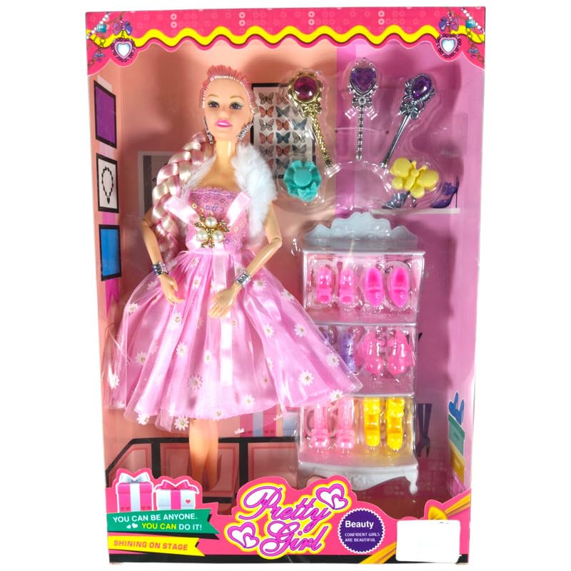 Pretty Girl Fashion Doll Playset with Pink Princess Dress, Shoe Rack, Accessories, Plastic, 18+ Years