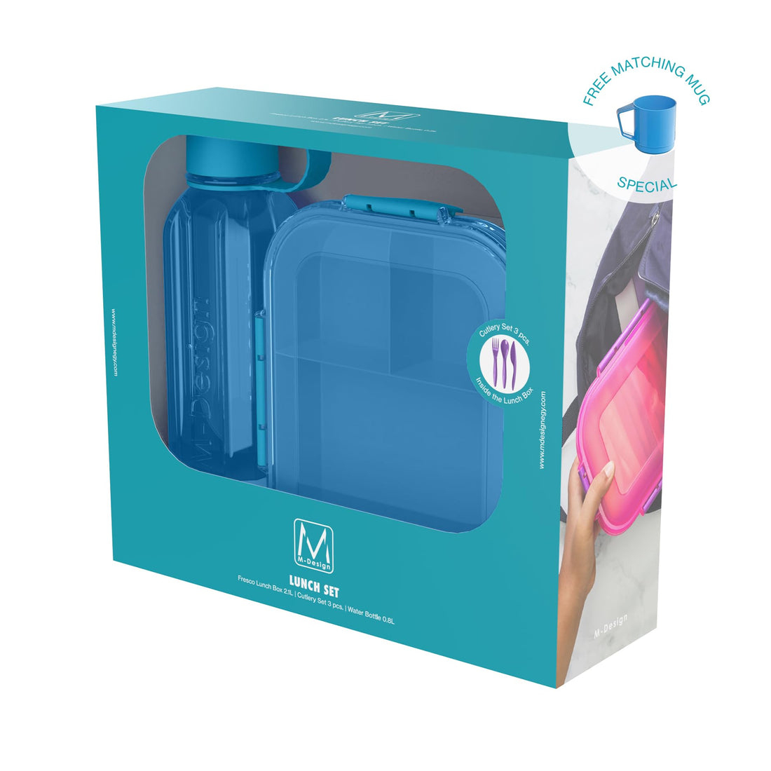 M-Design Fresco™ Lunch Set 2.1L - (2.1L Lunch Box, 0.8L Water Bottle & 3-Piece Cutlery Set + FREE Mug) - BPA Free, Microwave Safe, Dishwasher Safe, Food Safe, Stackable - Blue