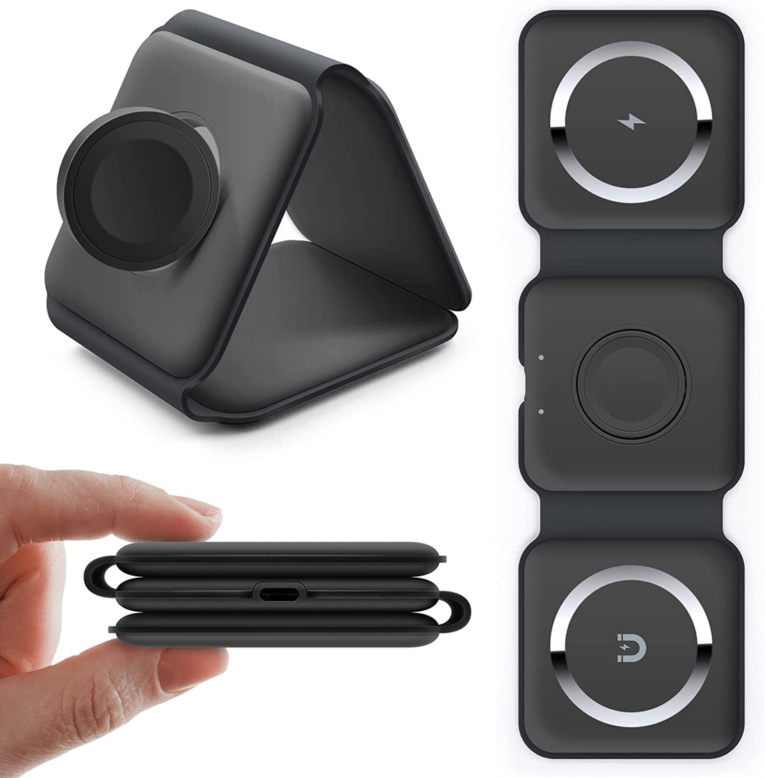 Padom 3 in 1 Wireless Charger,Magnetic Foldable Charging Station,Fast Wireless Charging Pad (BLACK) USB