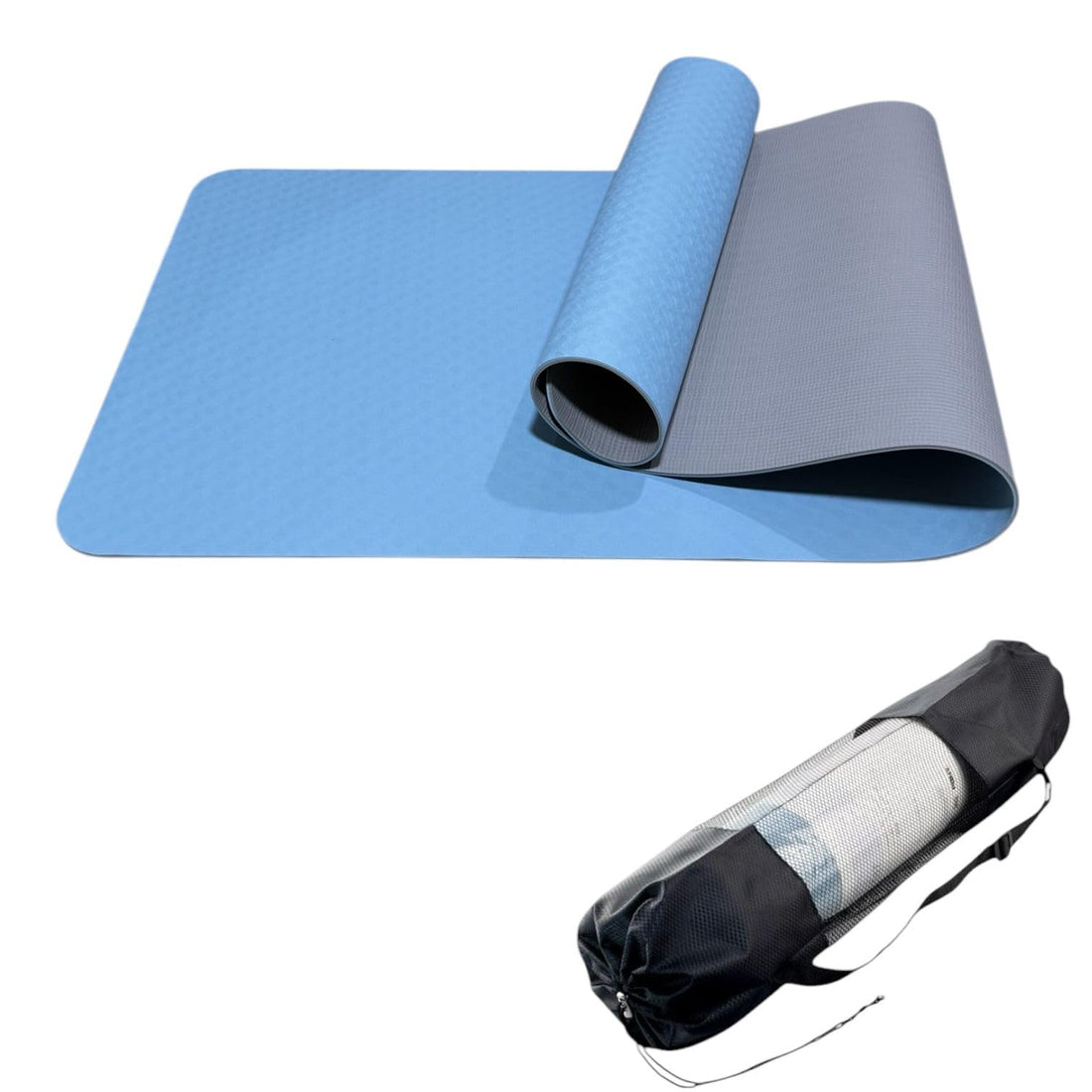 Yoga Mat Premium Thick Non Slip Eco Friendly Elastic Rubber Fitness Exercise Pilates Mat Unisex Double Sided 1.83cm x 61cm x 0.6cm with Storage Bag Included (Blue-Grey)