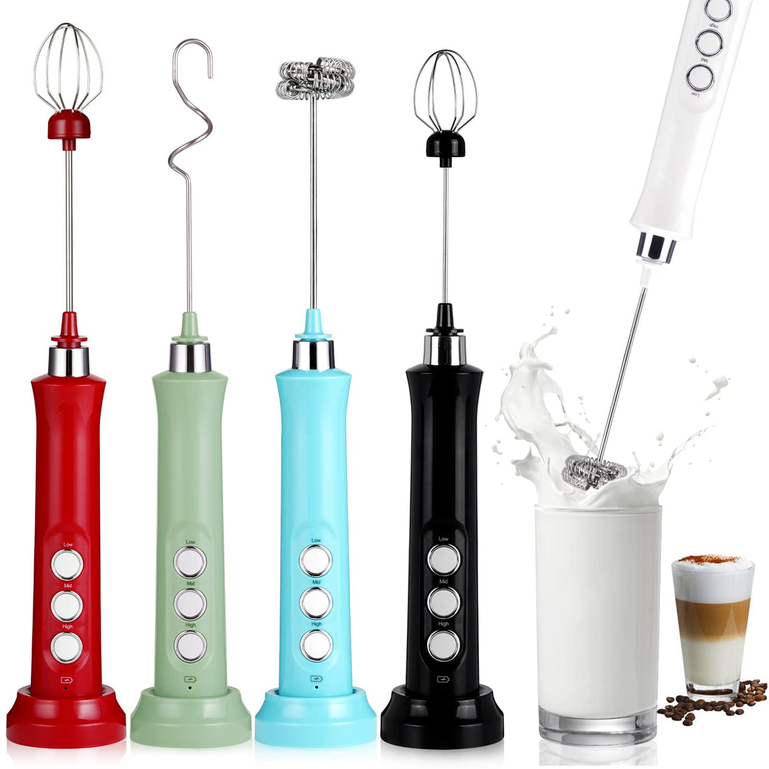 Milk Frother Handheld Electric Milk Coffee Foam Maker with 3 Whisks, Powerful 3 Speeds Rechargable Coffee Mixer for Coffee, Lattes, Cappuccino, Matcha, Hot Chocolate with 16 Pcs Art Stencils (Black)