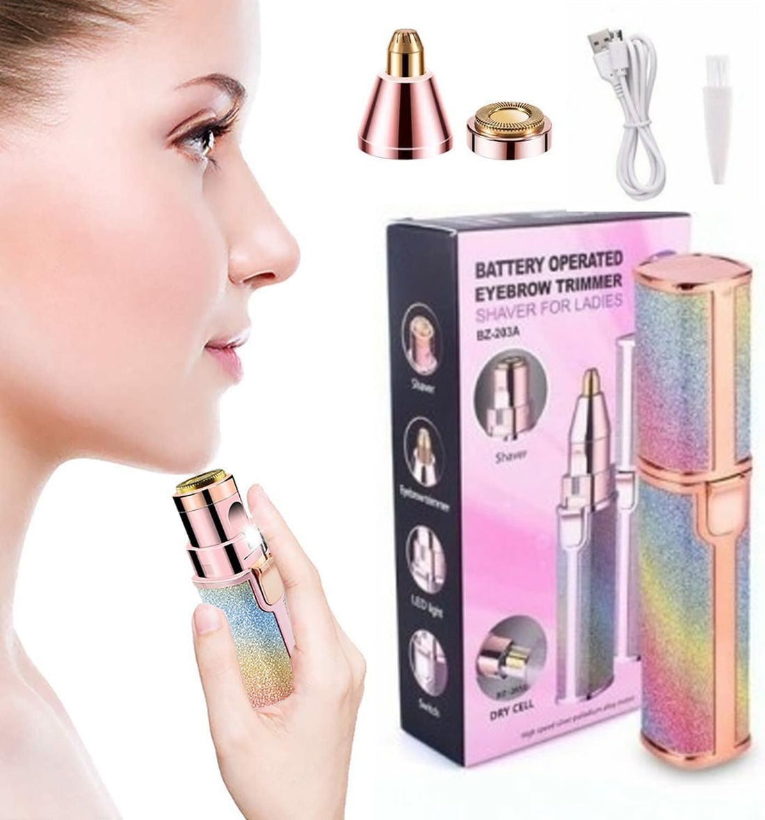 Eyebrow Trimmer, Facial Hair Remover for Women, 2 in 1 Rechargeable Razor for Women, Painless Hair Removal, Body Trimmer for Lip, Nose and Face with LED Light