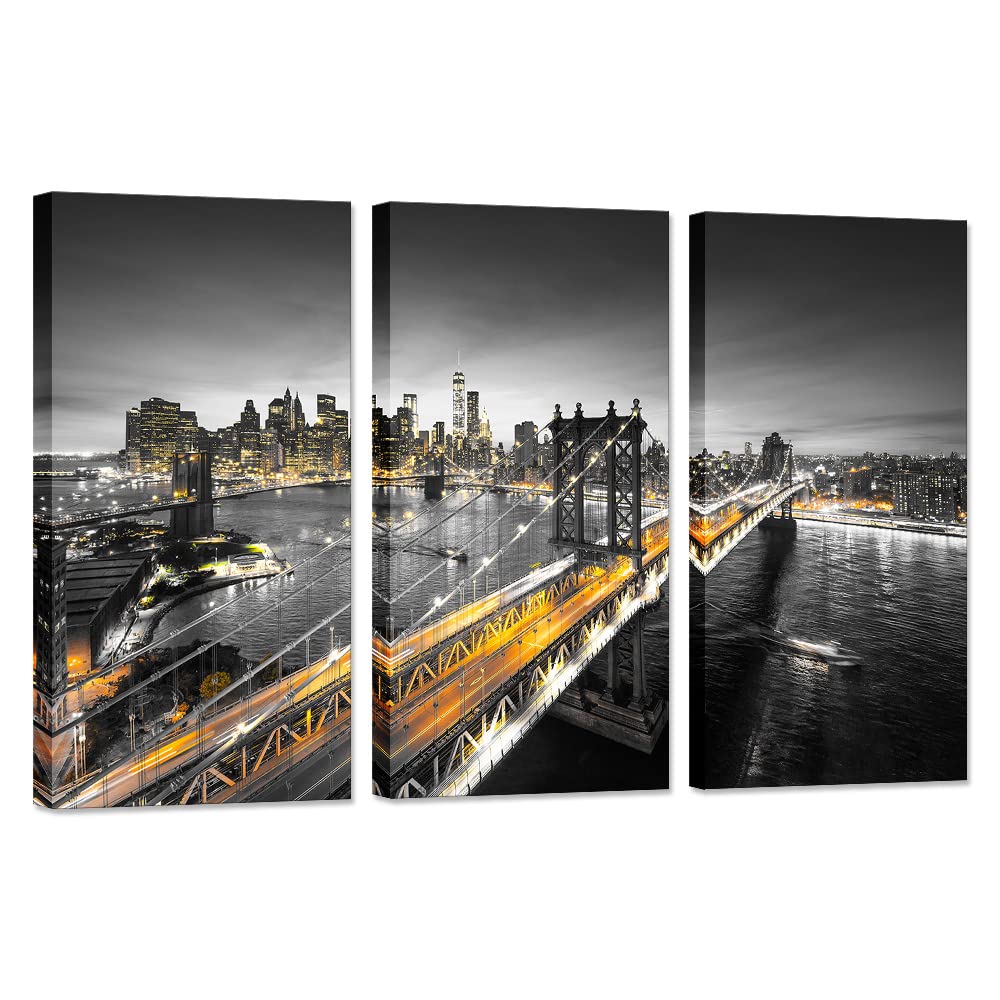3 Piece New York Night View Canvas Prints Manhattan Cityscape Picture Brooklyn Bridge Wall Art Black White Yellow City Painting Modern Art Work for Living Room Home Decor 16"x32"x3 Panels