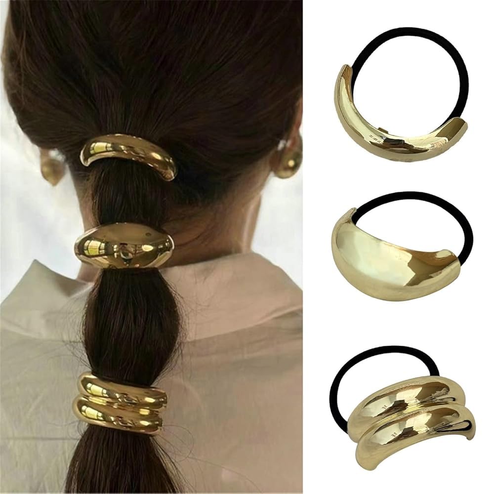 GQ 3 PCS Metal Hair Tie, Ponytail Cuff, Gold and Silver Hair Accessories for Women