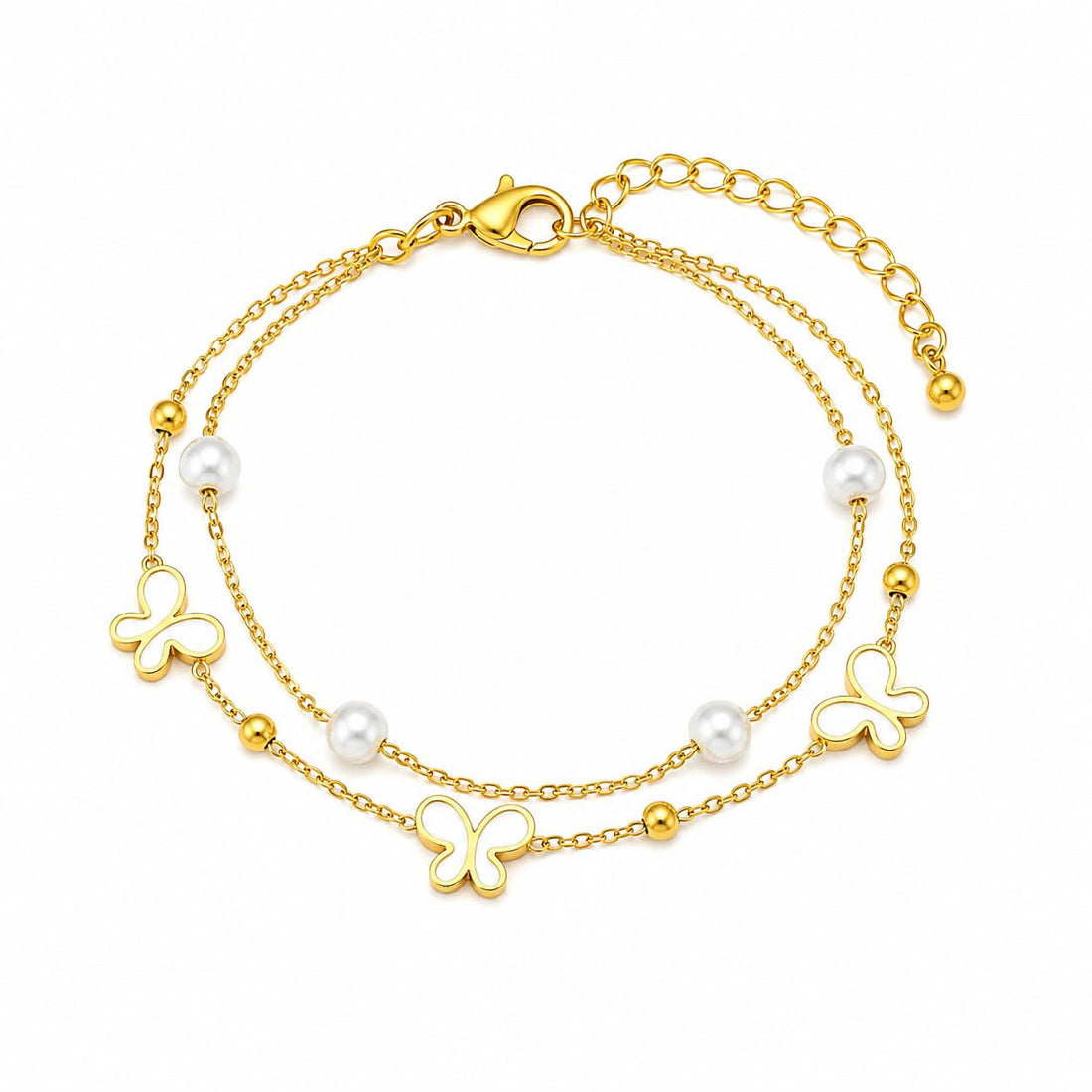 Butterfly and pearl bracelet – a delicate design that combines the softness of pearls with the charm of butterflies to give you an elegant, feminine look that exudes beauty and grace.