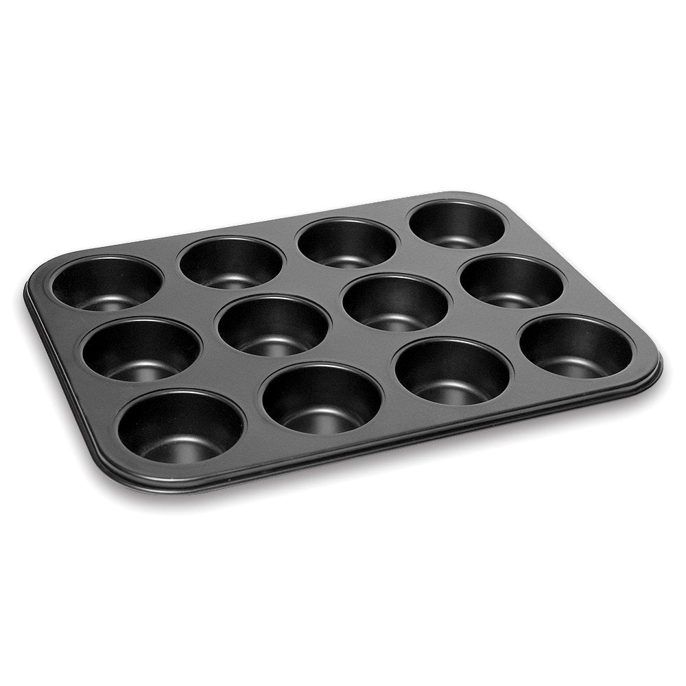 12 Cups Muffin Pan Baking Tray Top Non Stick Bakeware Cakes and Cupcakes Made of Aluminum Heat Resistant Black by (Assorted Colors)