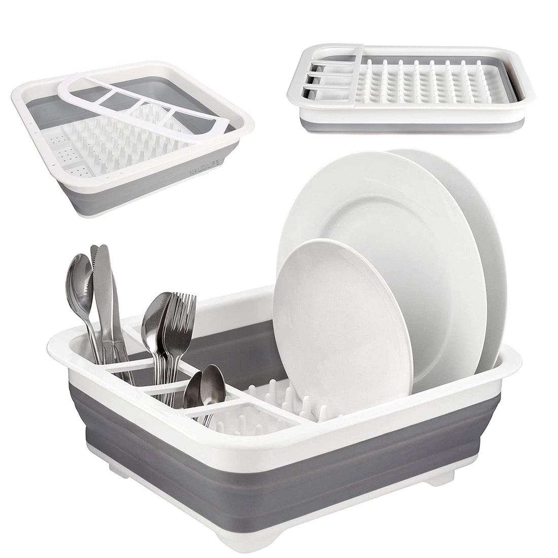 NAUDILIFE Collapsible Dish Rack Kitchen Accessories Portable Dish Drainer rack Multifunctional Dish Drainer Tray Plastic Camping Accessories Drain Rack Sink- with Folding Drain Basket