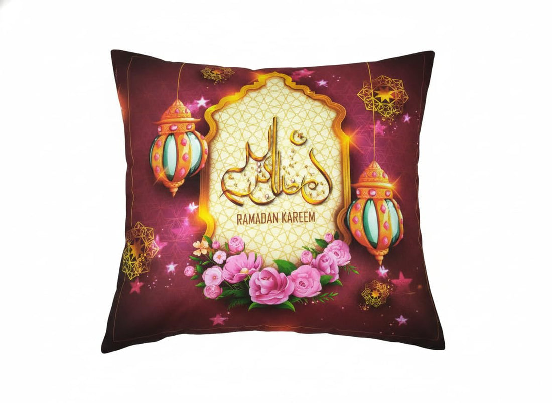 RoxxyStore Eid Decorative Throw Pillow Cover with Hidden Zipper Home Sofa Cushion Cover 43 * 43 cm Model 1-59 (Ramadan Kareem with Lanterns and Islamic Roses)