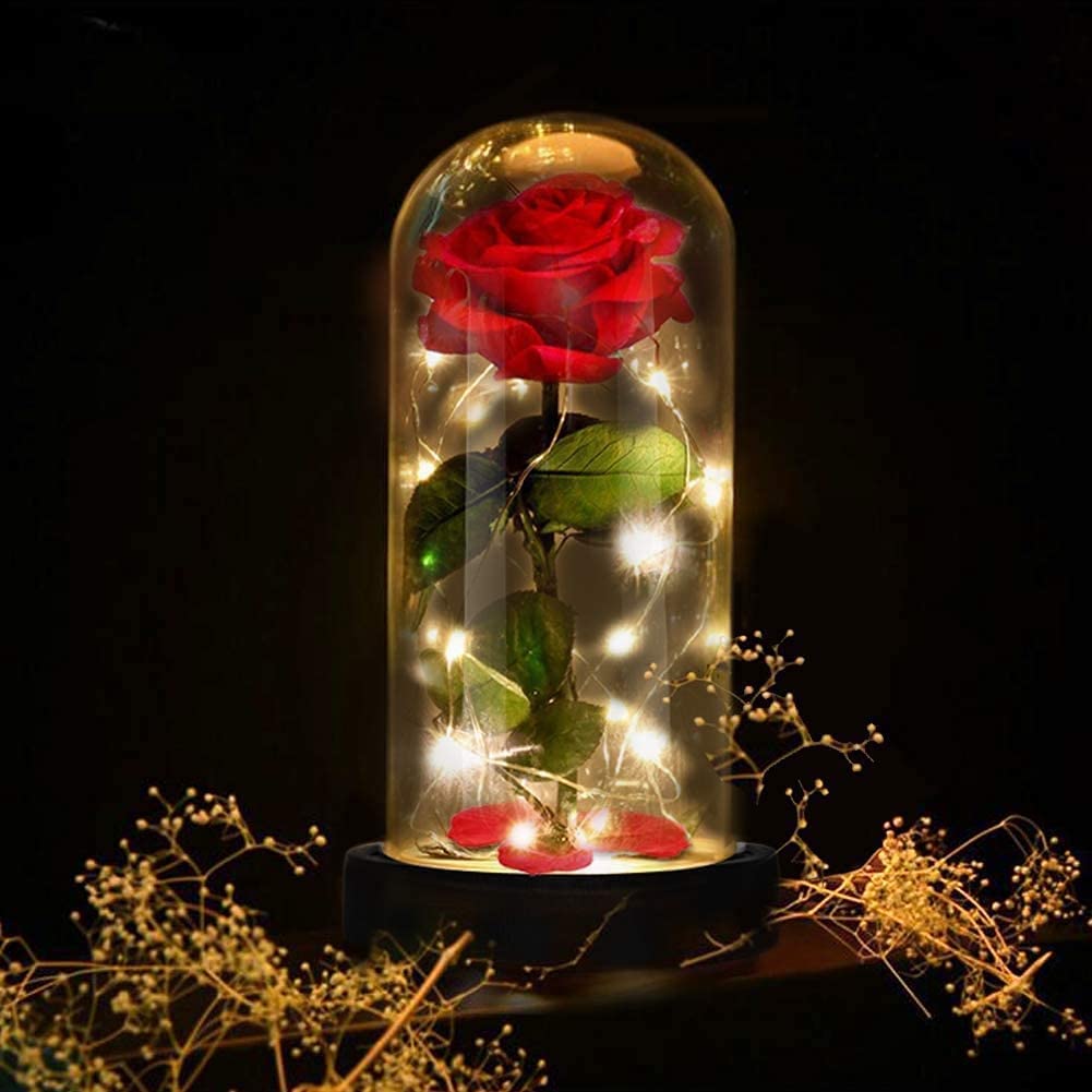 Beauty And The Beast Rose Kit, Red Silk Rose and LED Light with Fallen Petals in Glass Dome on a Wooden Base Best Gift for Wedding Anniversary Birthday Valentine's Day (Black)