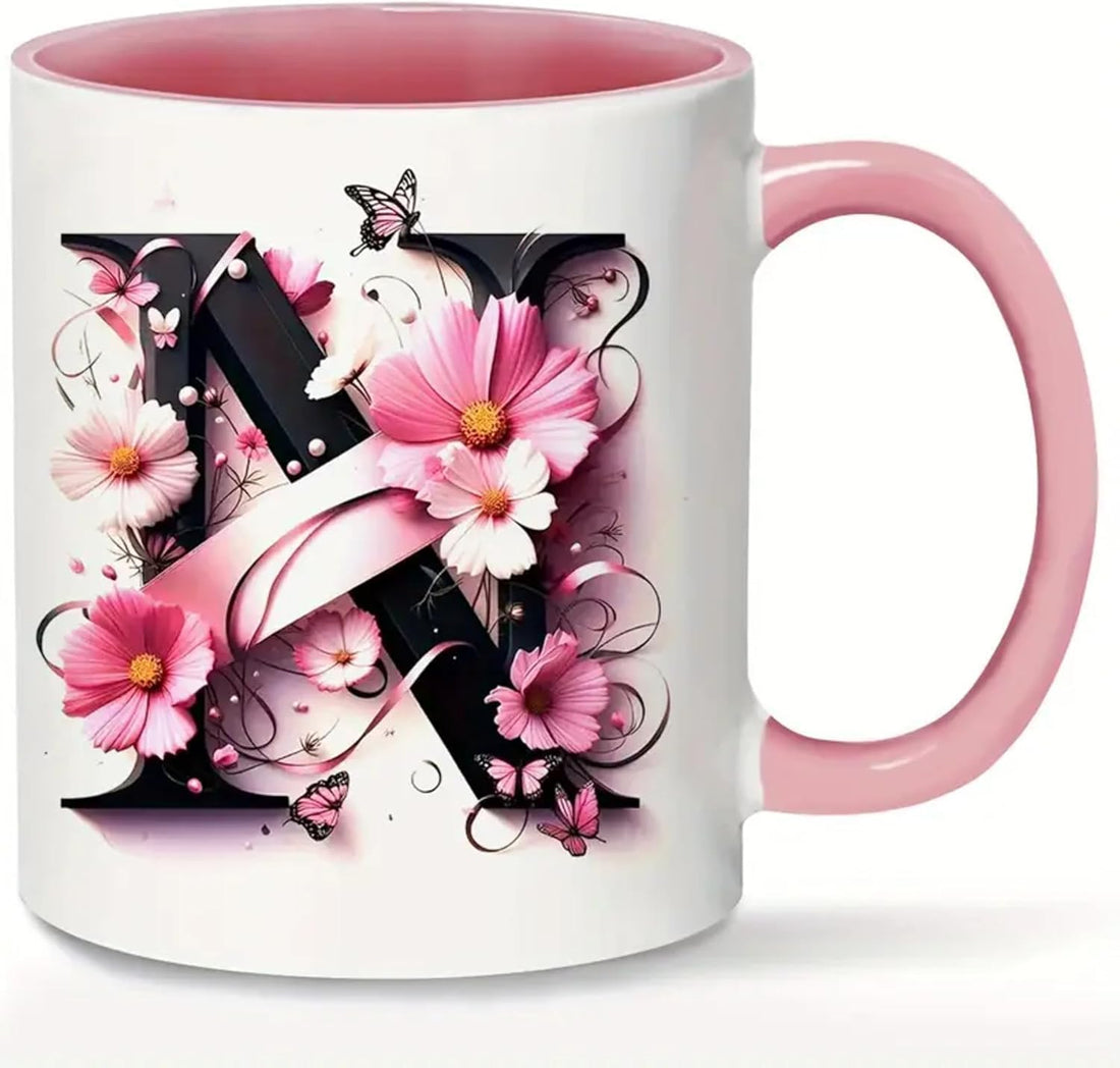 Floral Letter A-Z Coffee Mug, 11oz Pink Ceramic Mug, Reusable Round Cup for Office, Home, Gift for Women, Mom, Best Friend, Bride, Bridesmaid, Hand Wash Only (N)
