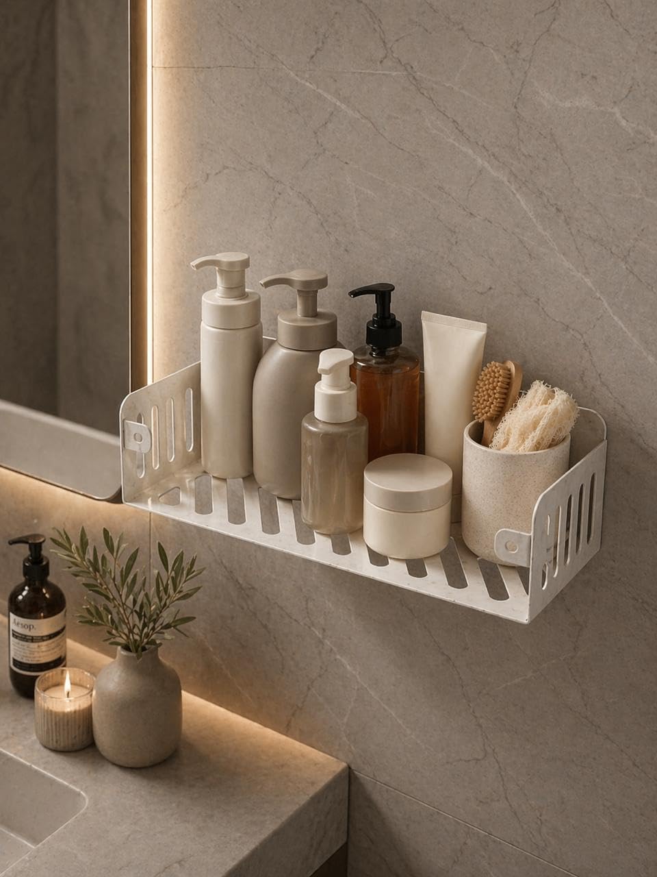 Bathroom & Kitchen Organizer - Rustproof Metal Storage Rack - Spice Holder and Organizer for Shower and Shampoo - Modern Space Saving - Easy to Install for Wall and Marble