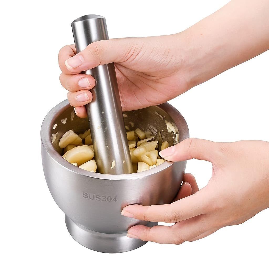 Mortar & Pestle Set, Stainless Steel Garlic Crusher Manual Spice Grinder with Silicone Lid - Kitchen Tool For Herbs Seasoning Mixing Grinding Mashing, Cooking Utensils