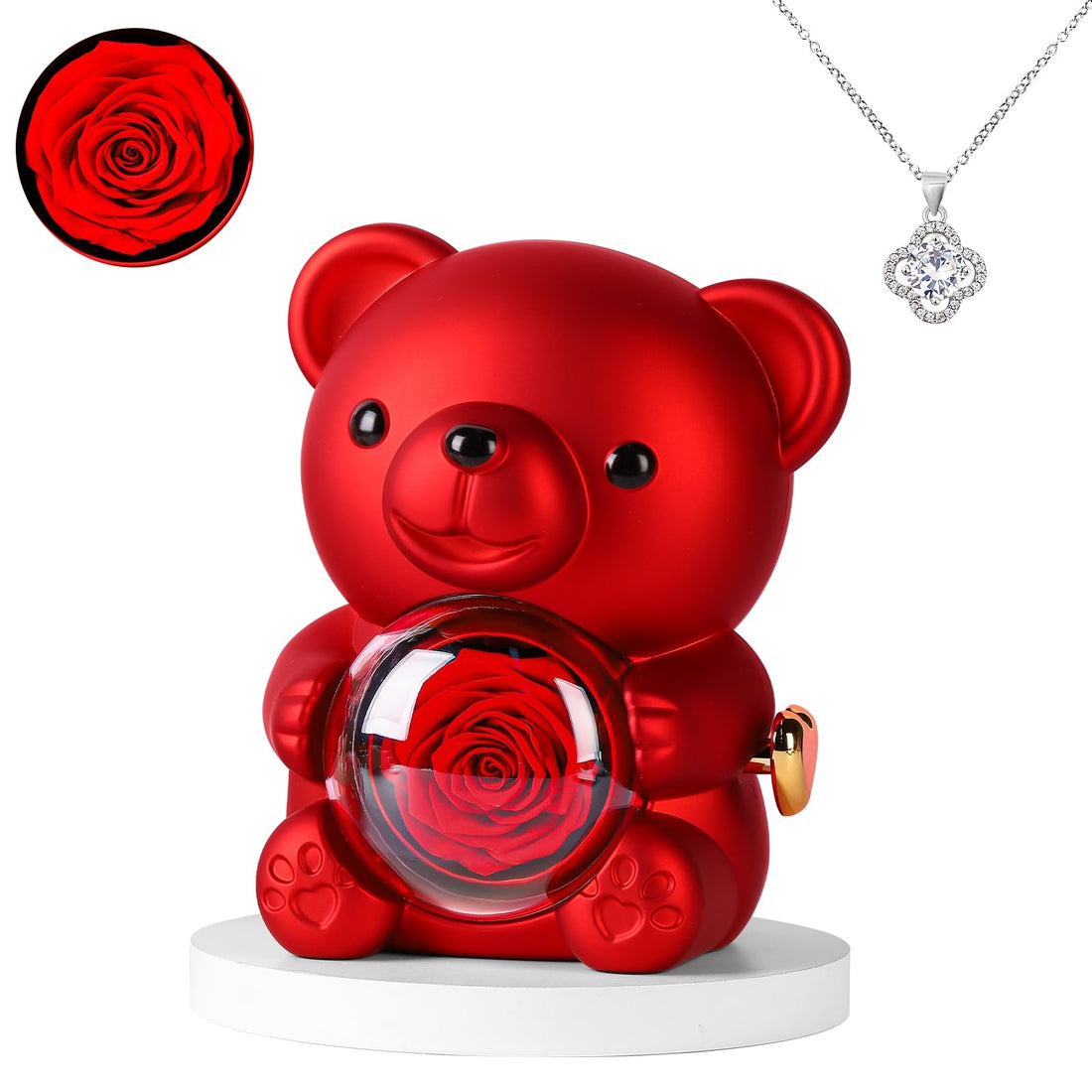 Cute Teddy Bear with Preserved Rose - Romantic Preserved Roses Gift for Her, Unique preserved flowers in glass, Elegant Forever Flowers for Women, Mom, Wife on Valentine's Day, Mother's Day, Birthday